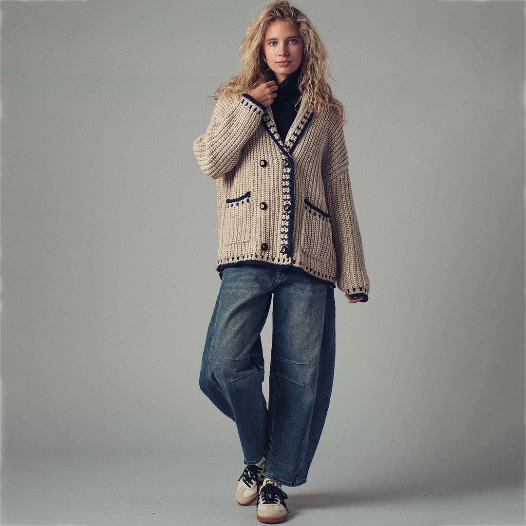 Damen Grobstrick-Cardigan mit Schalkragen, Zierstreifen & aufgesetzten Taschen – Veloura