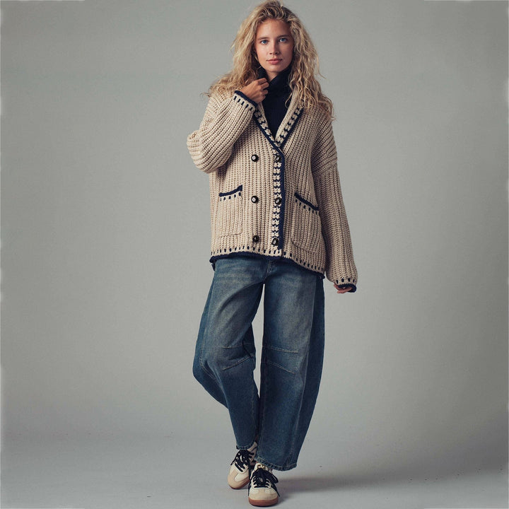 Damen Grobstrick-Cardigan mit Schalkragen, Zierstreifen & aufgesetzten Taschen – Veloura
