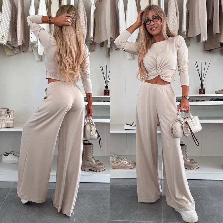 Damen figurnahes Twist-Cropped-Shirt mit weitem High-Waist Palazzo-Hose aus fließendem Jersey – Élanora