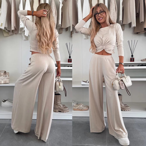 Damen figurnahes Twist-Cropped-Shirt mit weitem High-Waist Palazzo-Hose aus fließendem Jersey – Élanora