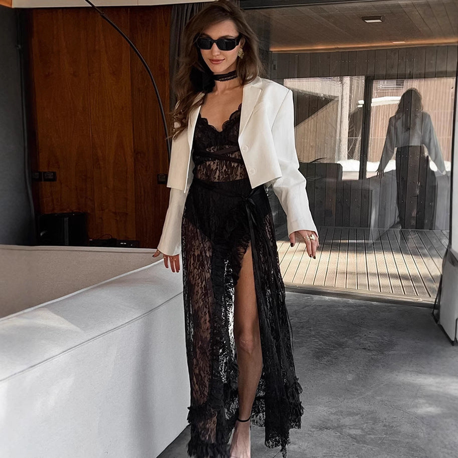 Damen Spitzenkimono mit offener Front und Rüschendetails Echo Archiv