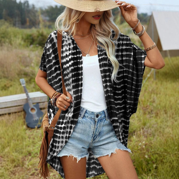 Damen Offener Leichter Kimono-Cardigan mit Batikmuster und Kurzarm Echoarchiv