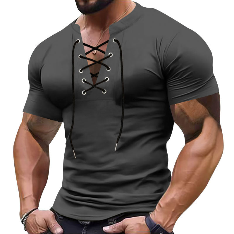 Herren Kurzarm-Henley-Shirt mit modischem Schnürdesign und körperbetonter Passform Echoarchiv
