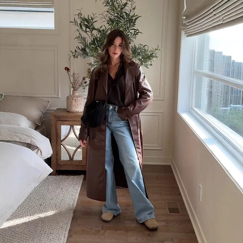 Damen Langer Trenchcoat aus Lederimitat mit Oversize-Schultern und taillierter Silhouette Echoarchiv