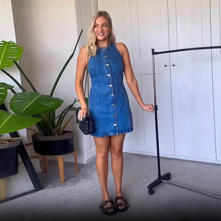 Damen Figurbetontes Ärmelloses Denim-Minikleid mit Mittelknopfleiste Echoarchiv