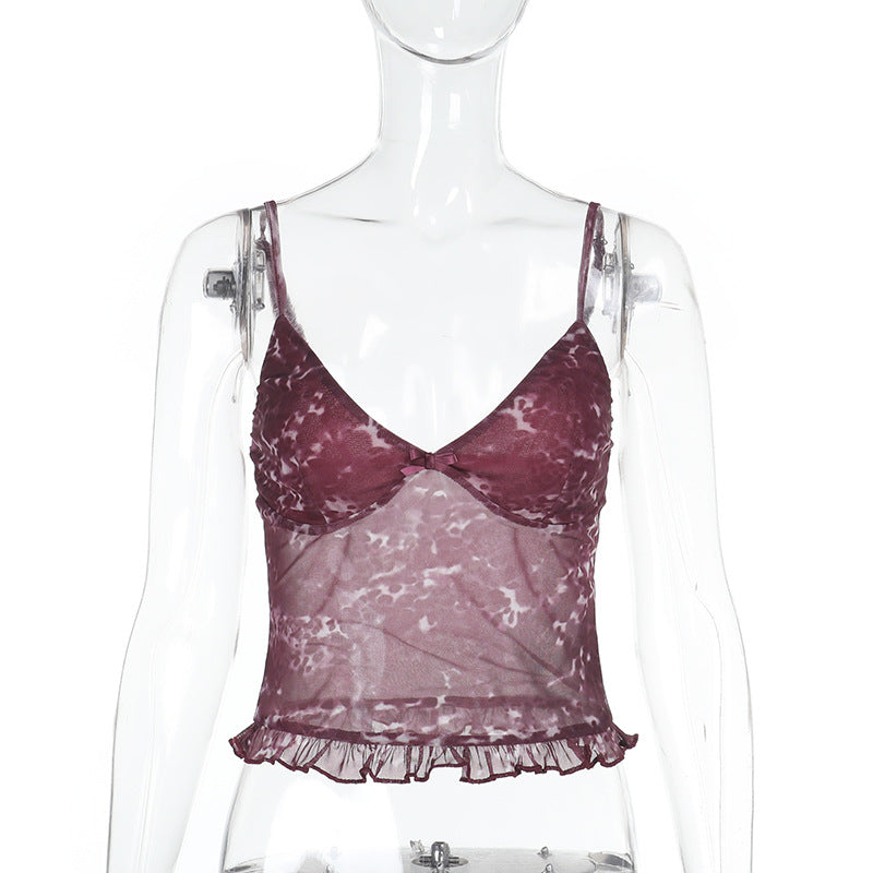 Damen Spaghetti-Träger-Top mit transparentem Obermaterial und Rüschendetail Echo Archiv