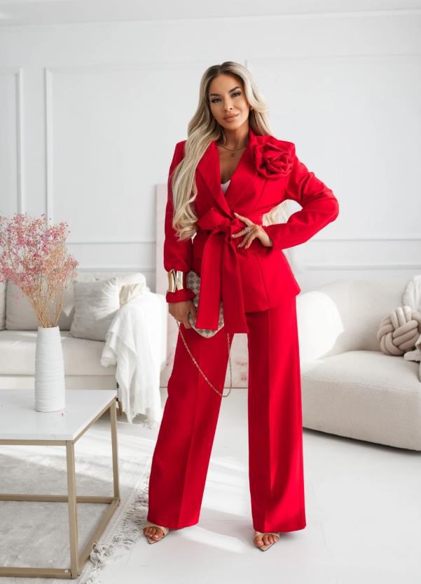 Damen Elegantes Oversize-Blazer-Set mit rosafarbener Rosenapplikation und Highwaist Weitbein-Hose – Valéne