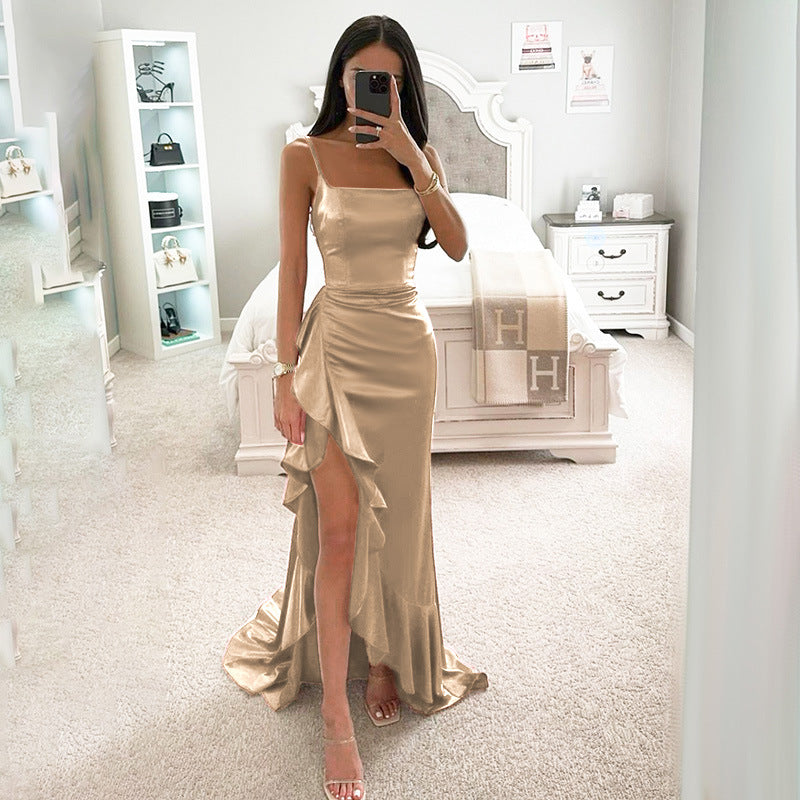 Damen elegantes Maxikleid mit asymmetrischem Rüschensaum und taillierter Silhouette Echo Archiv
