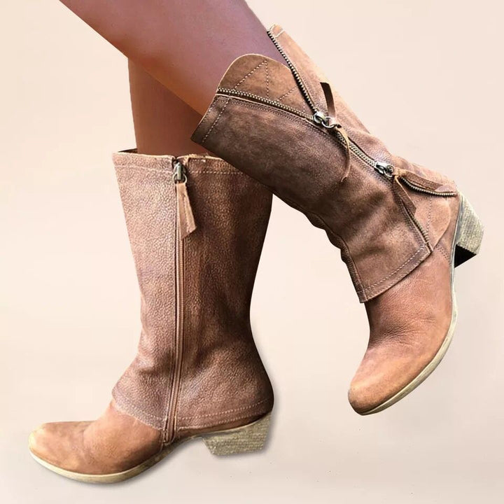 Damen Wadenhohe Western‑Stiefel aus Veloursimitat mit dekorativen Reißverschlüssen und niedrigem Blockabsatz Echo Archiv