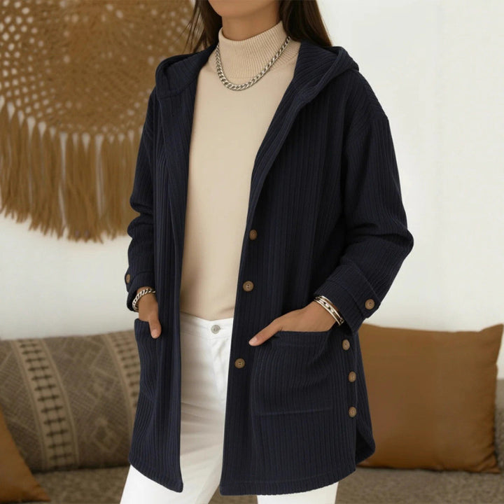Damen Langer Kapuzen-Strickcardigan mit Rippenstruktur, Knopfleiste und Seitentaschen Echo Archiv