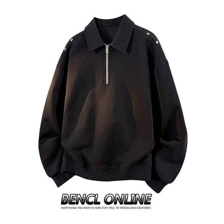 Herren Oversized Sweatshirt mit Reißverschluss-Kragen und Druckknopf-Schulterdetail – Norvane