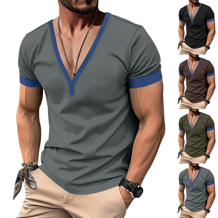 Herren V-Ausschnitt T-Shirt mit kontrastierenden Ärmeln und atmungsaktiver Baumwolle Echoarchiv