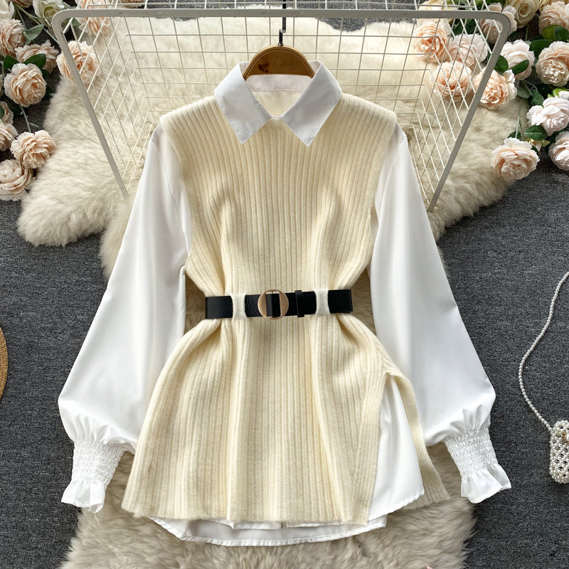 Damen Lagenlook-Bluse mit Rippstrick-Überwurf und Taillengürtel – Élovi