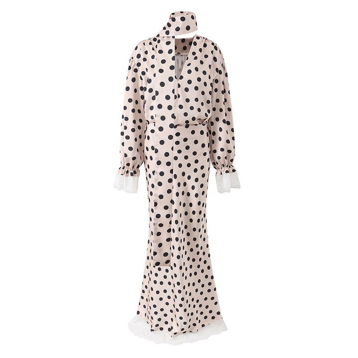Damen Maxikleid im Retro‑Polka‑Dot‑Stil mit Spitzenbesatz und Taillengürtel Echo Archiv