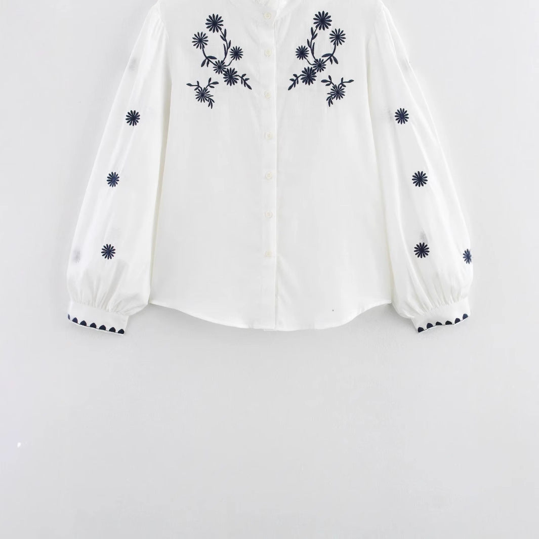 Damen nan bestickte Bluse mit Volumenärmeln und Rüschenstehkragen Echo Archiv