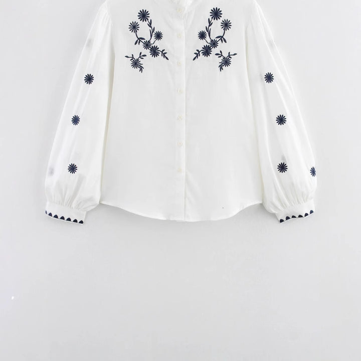 Damen nan bestickte Bluse mit Volumenärmeln und Rüschenstehkragen Echo Archiv