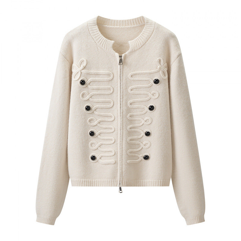Damen Kurz geschnittene Strickjacke mit dekorativen Kordelapplikationen und Zwei-Wege‑Reißverschluss Echo Archiv