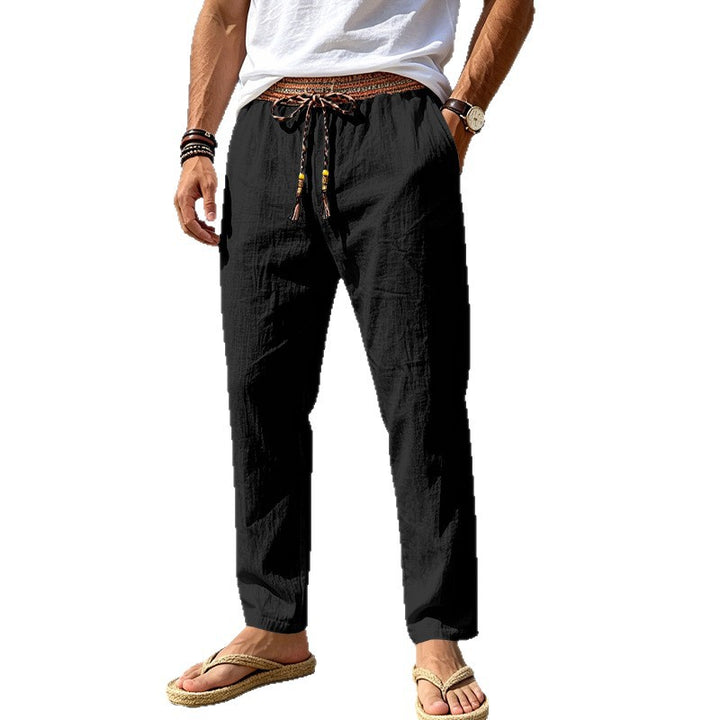 Herren Leinenoptik Freizeithose mit besticktem Kordelbund und Kordelzug – Sorevano