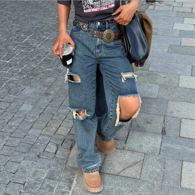 Damen Weite Vintage-Ripped-Jeans mit hoher Taille, großflächigen Knierissen und relaxed Straight-Leg Echo Archiv