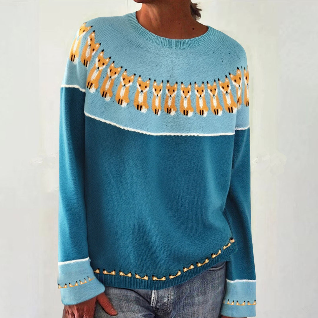 Damen nan melierter Rundhalsausschnittpullover mit kreisförmigem Jacquard-Yoke und geripptem Saum Echo Archiv