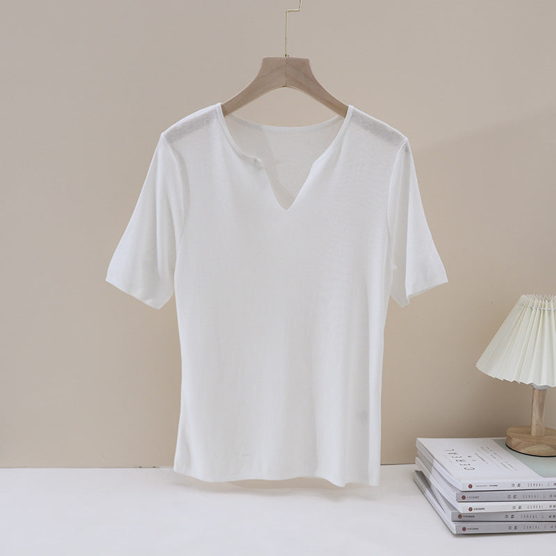 Damen Leichtes Kurzarm-Feinstrickshirt mit V-Notch-Ausschnitt und lockerem Fall Echo Archiv