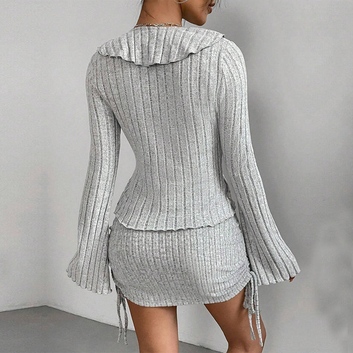 Damen gerippter Rüschencardigan mit Bindebändern und gerafftem Minirock-Set – Élanora