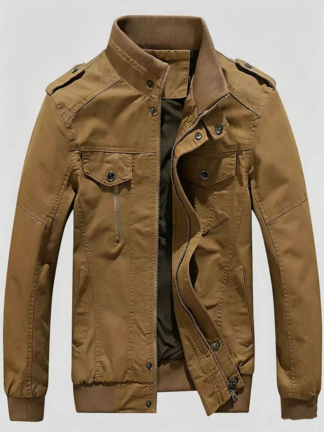 Herren Militärisch inspirierte Canvas-Übergangsjacke mit Stehkragen und Epauletten Echoarchiv