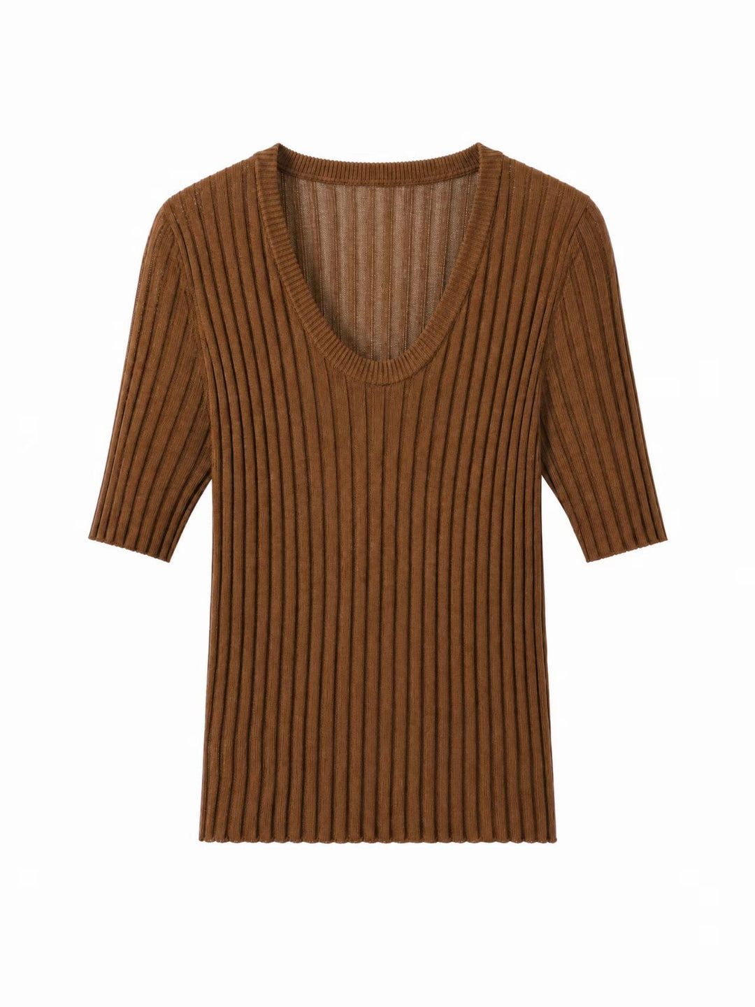 Damen Geripptes Feinstrickshirt mit tiefem U-Ausschnitt und halblangen Ärmeln Echo Archiv