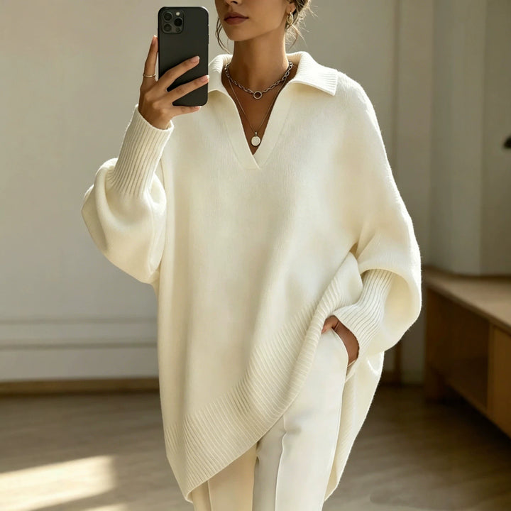 Damen Oversize-Polokragen V-Ausschnitt Strickpullover mit Ballonärmeln – Mavelle