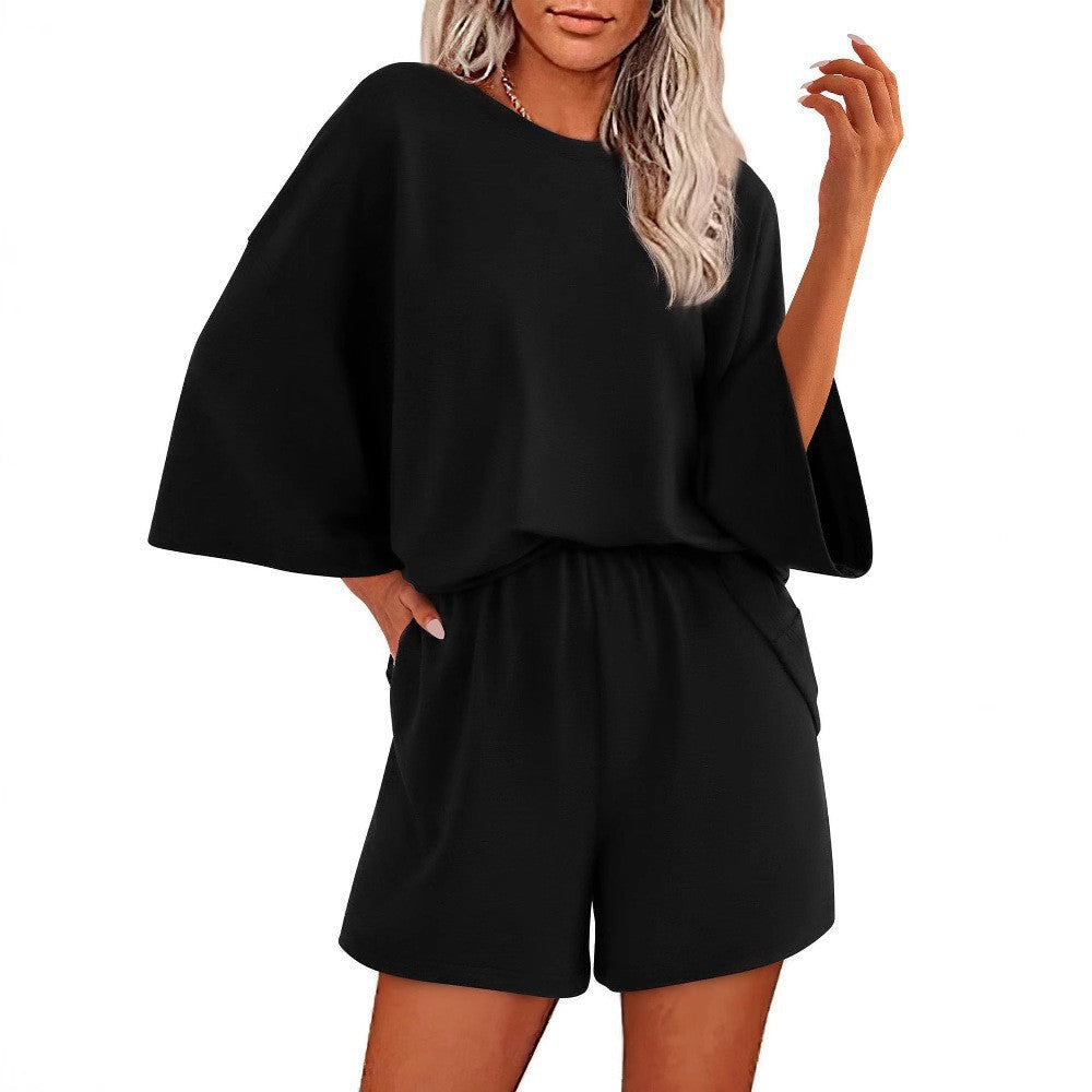 Damen Oversized Fledermaus Kurzarm Lounge Oberteil und Shorts Set mit Elastischem Bund – Élanora