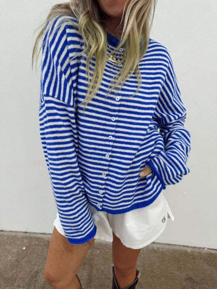 Damen Gestreifter Oversize Strickcardigan mit Knopfleiste und maritimem Look Echoarchiv