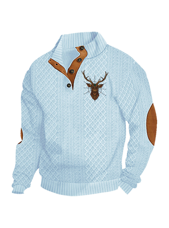 Herren nan Heritage-Strukturpullover mit Stehkragen Lederimitat-Besatz Ellenbogen-Patches und Halbknopfleiste Echo Archiv