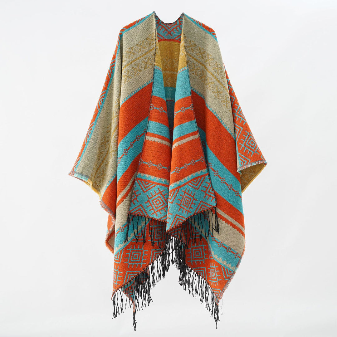 Damen Strukturiertes Webcape im Ethno-Jacquard mit Fransensaum Echo Archiv