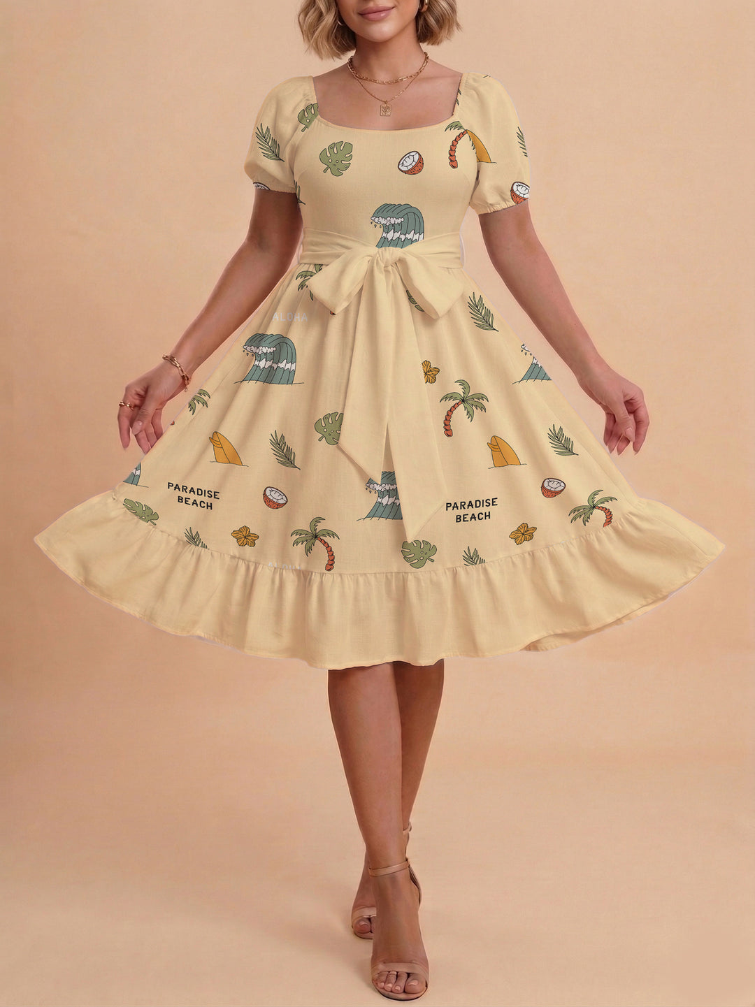 Damen A-Linien-Kleid mit floralen Motiven und taillierbarem Gürtel Echo Archiv