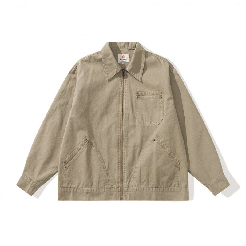 Unisex Kastenförmige Canvas-Worker-Jacke mit Frontreißverschluss und Nietapplikationen Echo Archiv