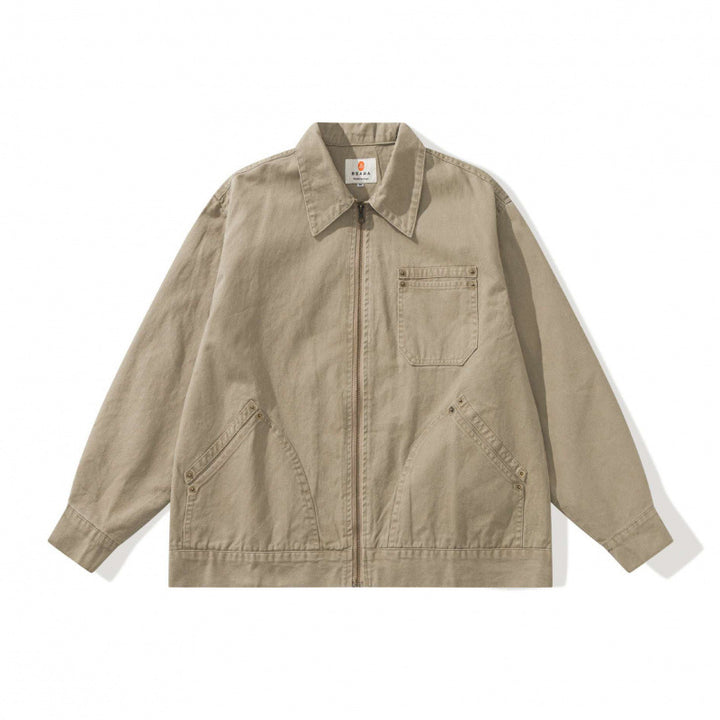 Unisex Kastenförmige Canvas-Worker-Jacke mit Frontreißverschluss und Nietapplikationen Echo Archiv