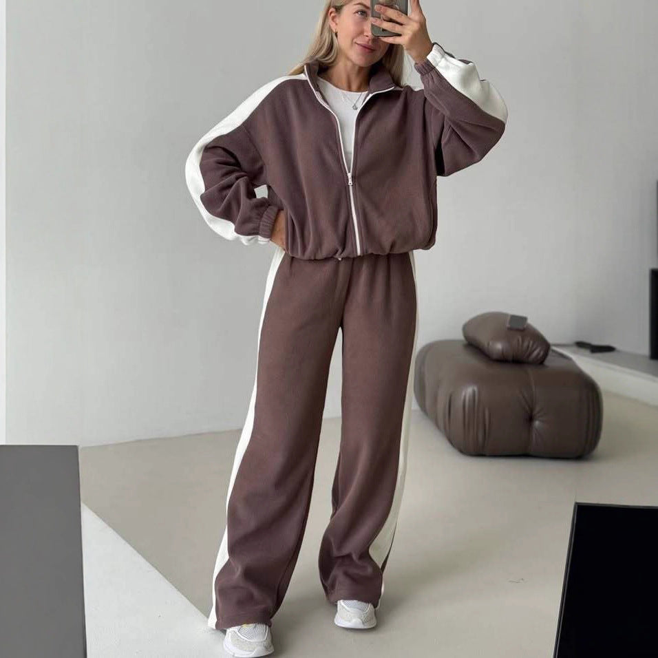 Damen sportlich-elegantes Fleece-Trainingsset mit kurzem Stehkragen-Zip, elastischem Bund und seitlichen Kontrastbahnen – Avérine