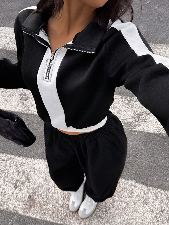 Damen kurzes Sweatshirt mit Halbreißverschluss und elastischer Bund Jogginghose Set – Avérine