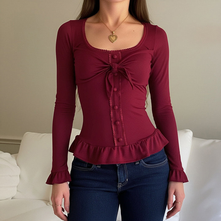 Damen Tailliertes Langarm-Cropped-Top mit Zierschleife, Knopfleiste und Volantbund Echo Archiv