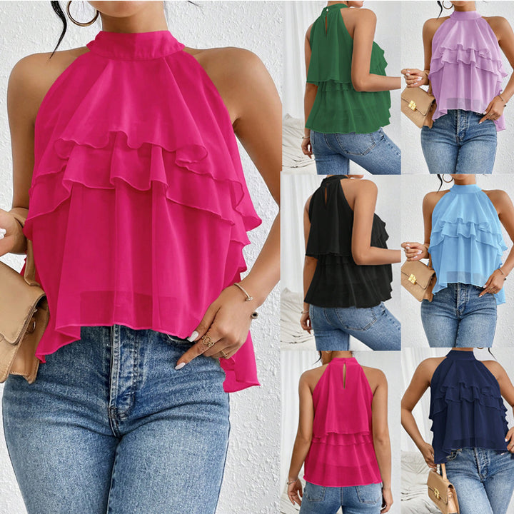 Damen Luftiges Chiffon-Top mit Stehkragen und mehrlagigen Volants Echo Archiv