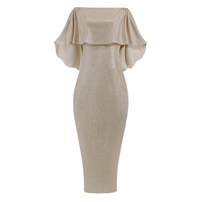 Damen Abend-Jumpsuit mit schulterfreiem Cape-Einsatz und glitzerndem Stretchstoff Echoarchiv
