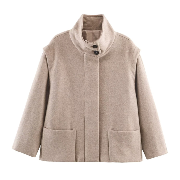 Damen Kurzer Boxy-Wollmix-Mantel mit hohem Stehkragen und verdeckter Knopfleiste Echoarchiv