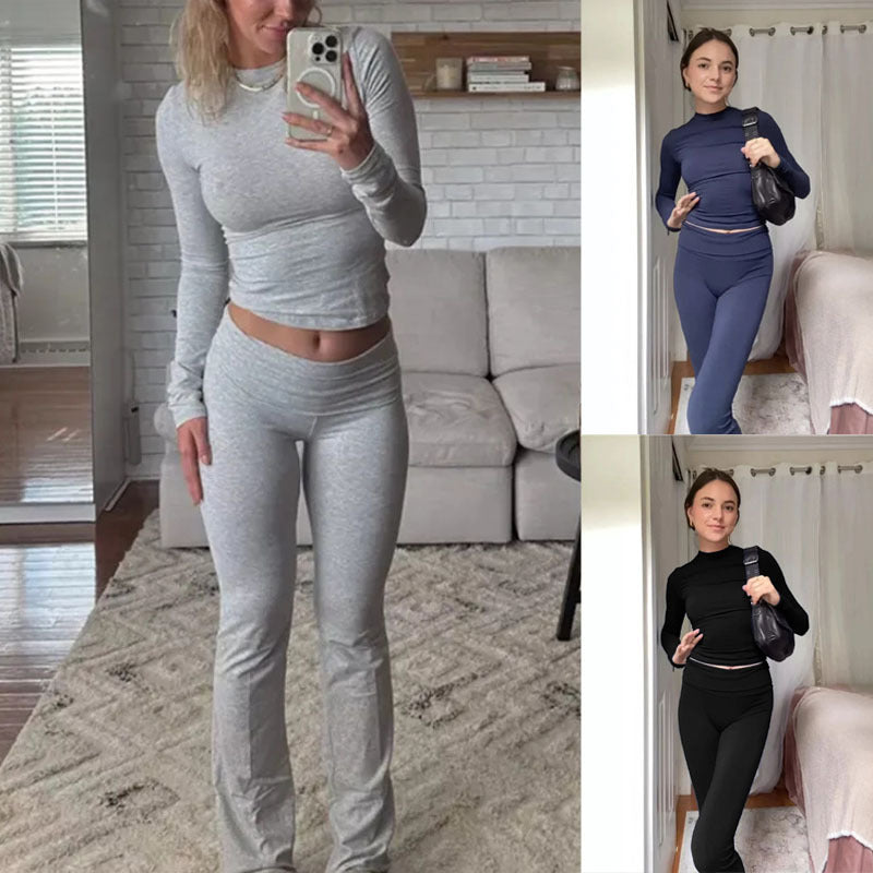 Damen Nahtloses Sport-Set mit Langarm-Cropped-Top und High-Waist Leggings – Orélia