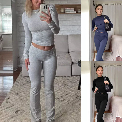 Damen Nahtloses Sport-Set mit Langarm-Cropped-Top und High-Waist Leggings – Orélia