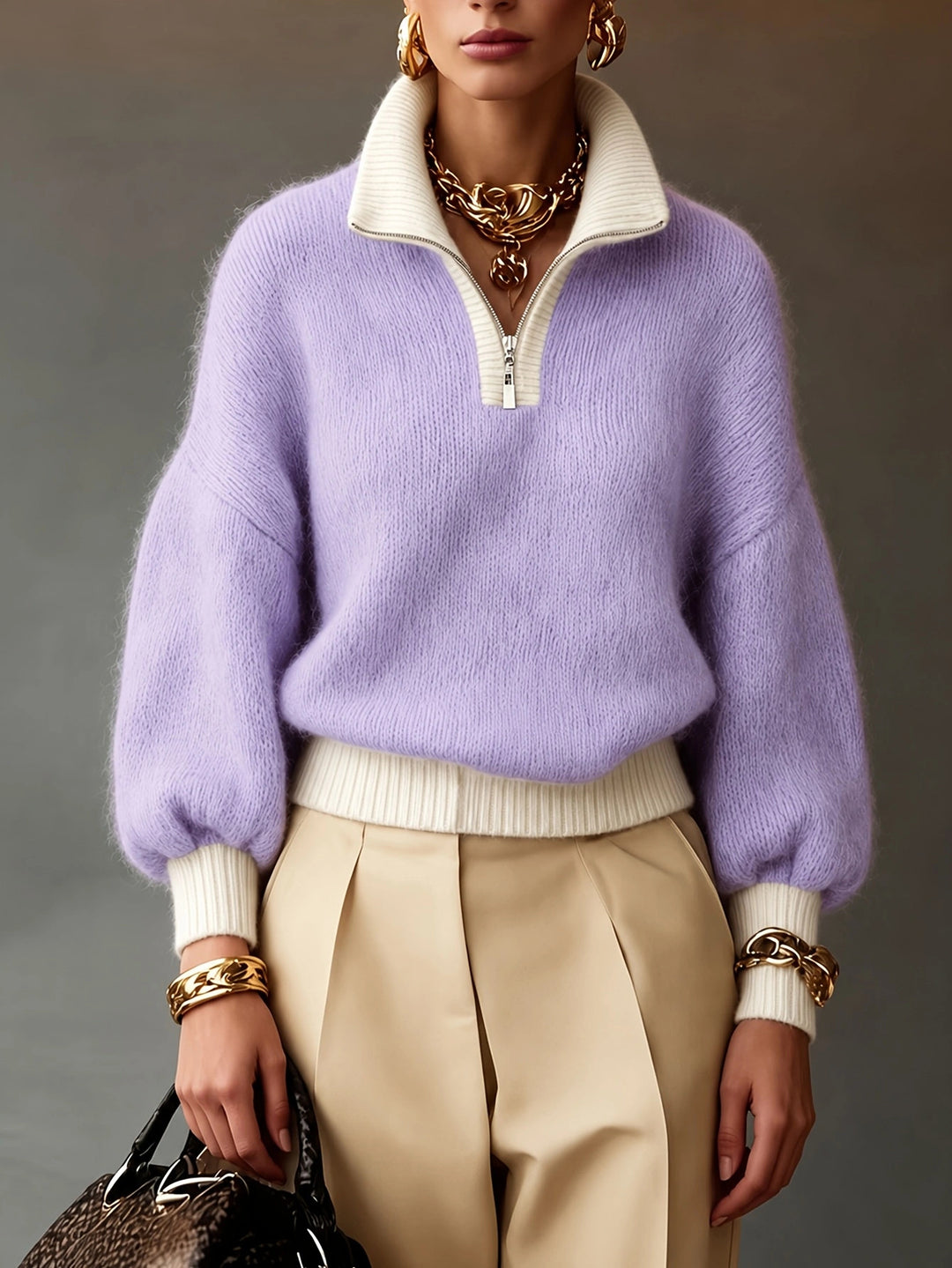 Damen Flauschiger Pullover mit halbem Reißverschluss, Stehkragen und Ballonärmeln – Mavelle