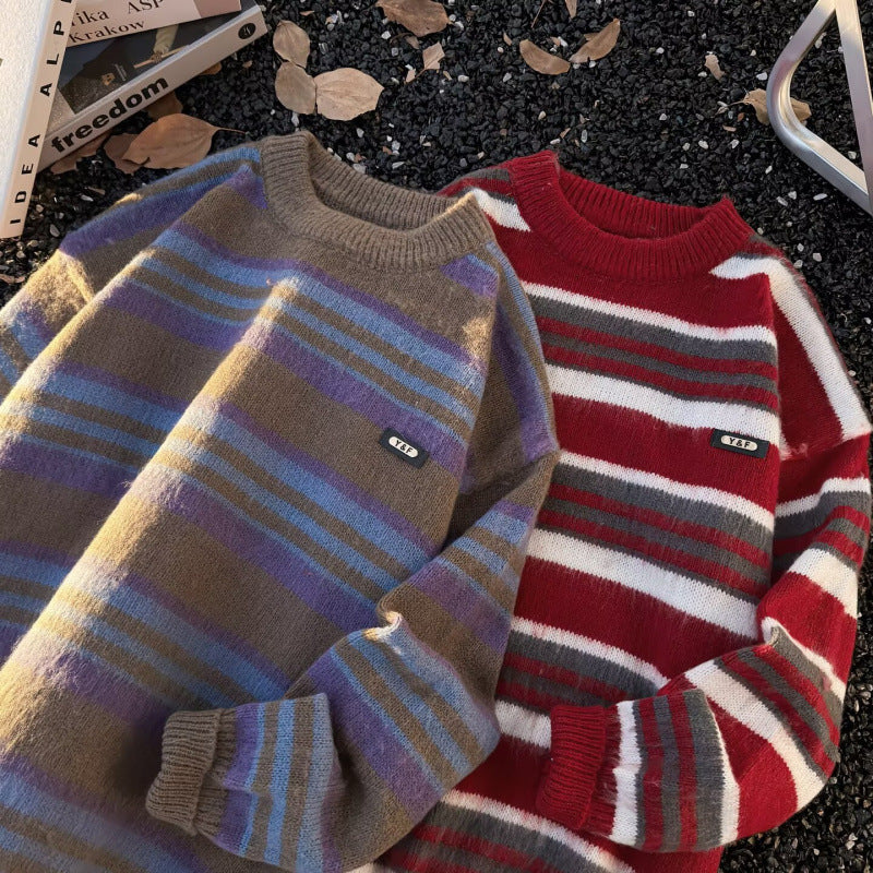 Unisex Gestreifter Oversize-Mohair‑Optik Pullover mit Rundhals und weicher Struktur Echoarchiv