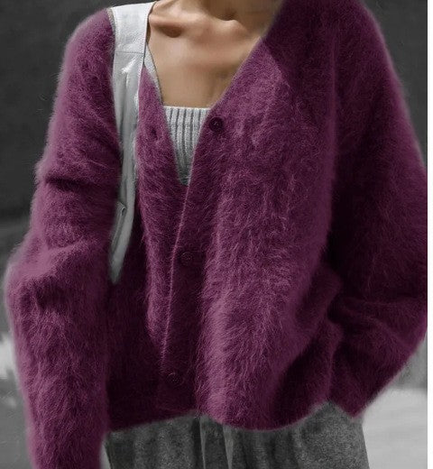 Damen Flauschige Mohair-Optik Strickjacke mit V-Ausschnitt und Oversize-Schnitt Echoarchiv