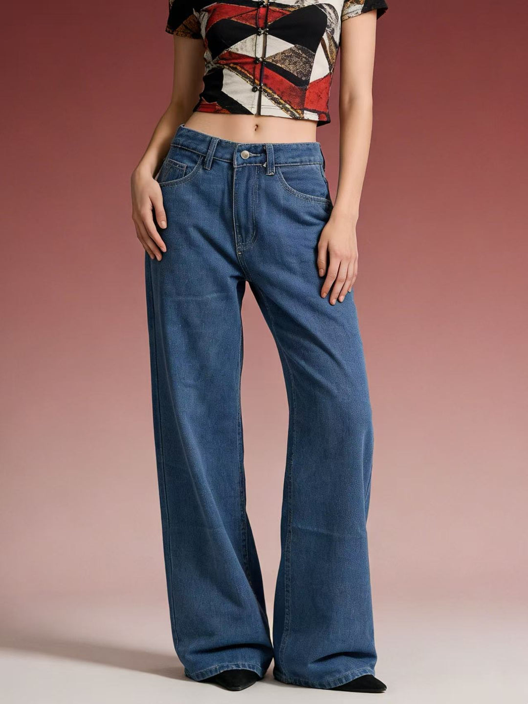 Damen weite Denim-Hose mit Vintage-Waschung und hoch geschnittenem Bund Echo Archiv