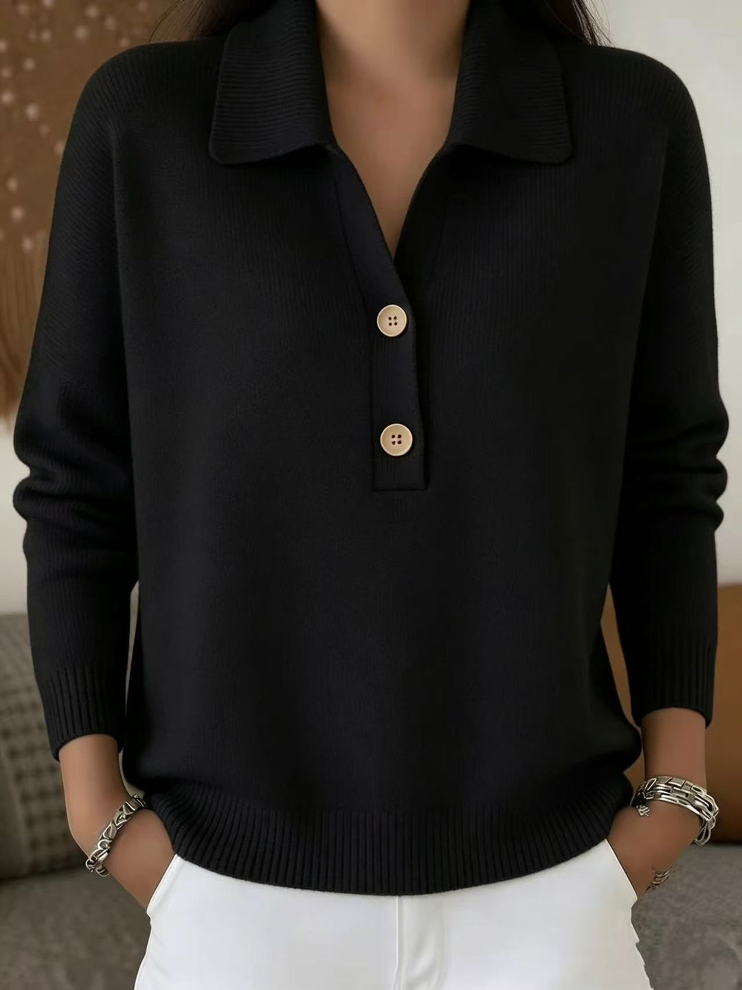 Damen lässiger Feinstrickpullover mit Polokragen und Zwei-Knopf-Leiste Echoarchiv