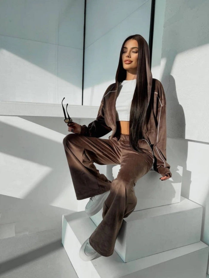 Damen Crop-Zip-Samtjacke und weite High-Waist Palazzo-Sweathose Set – Élanora